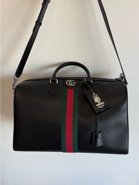 Gucci Black Leather Duffel with Green and Red Web Stripe